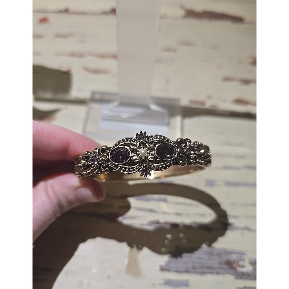 Vtg Marcasite Purple Stone Victorian Style Bangle Clamper‎ Bracelet